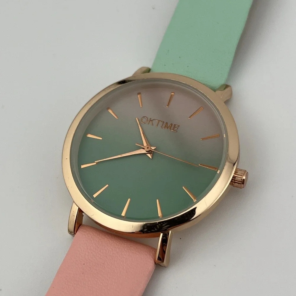 Oktime Watch Women 39mm Rose Gold Cae Pink & Green Band- New Battery‎